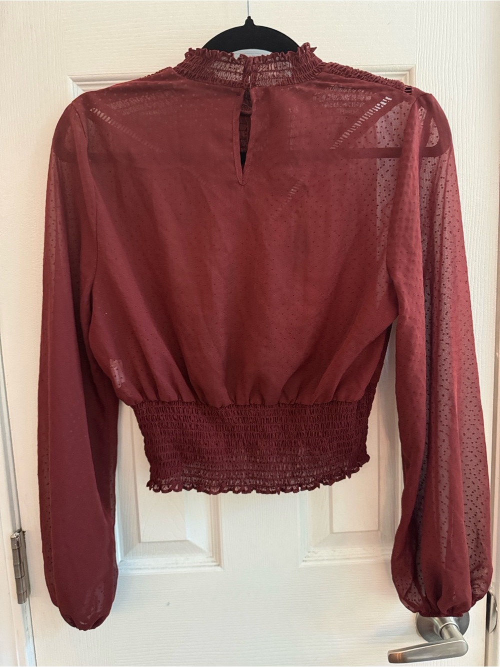 ZARA Burgundy High Neck Sheer Blouse Cinched Waist Whimsigoth Size Small - Picture 5 of 7